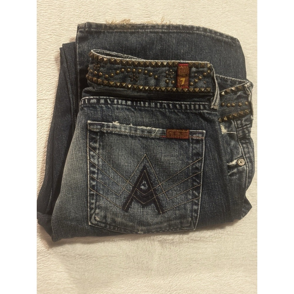 7 for All Mankind Jeans Women's 31 Studded Distressed Raw Hem Bootcut Blue